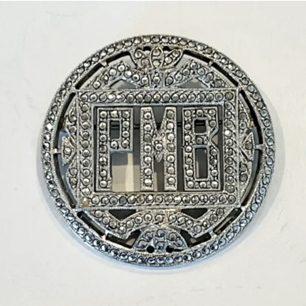 Antique Art Deco Sterling Silver 925 Marcasite Monogram Letters “Pmb” Round Pin